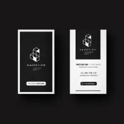 Dwie czarno-białe wizytówki firmy MM Design z logo przedstawiającym geometryczny kształt, leżące na ciemnoszarym tle. Jedna wizytówka jest w orientacji pionowej, druga poziomej, prezentując dane...