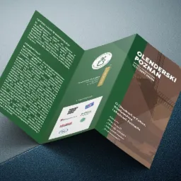 Trójdzielna broszura informacyjna o Olendrach w Poznaniu i Wielkopolsce, prezentowana w Dzięcielinie, z widocznymi logotypami Fundacji Olandia i partnerów.