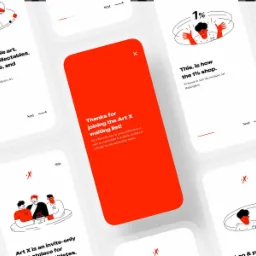 Seria ekranów aplikacji mobilnej ArtX, prezentujących proces dołączania do listy oczekujących, z minimalistycznymi ilustracjami i czerwonymi akcentami.