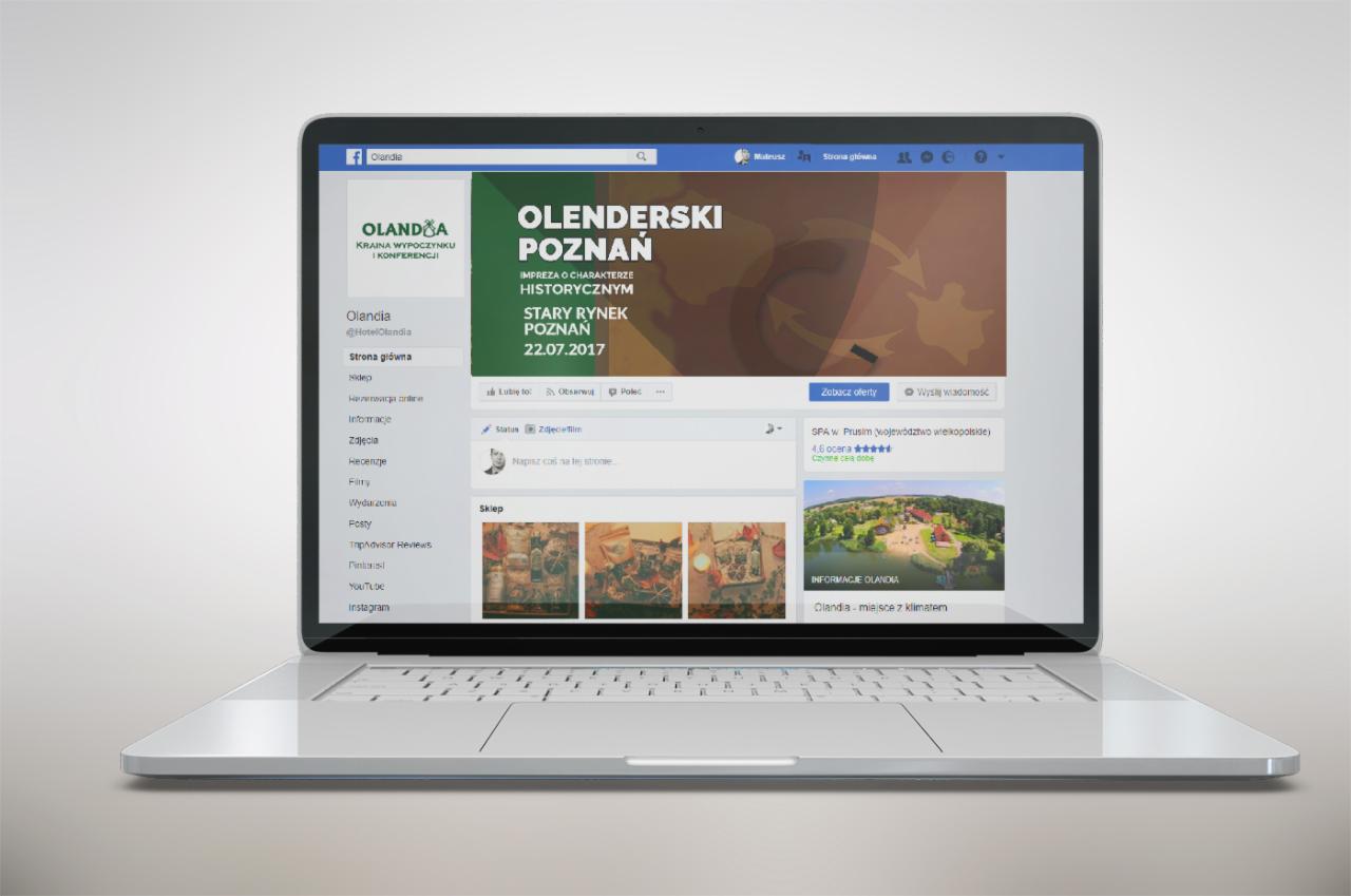 Laptop wyświetlający stronę Facebook Olenderski Poznań z informacją o imprezie historycznej na Starym Rynku 22.07.2017 oraz postami i informacjami o SPA w Prusimiu.