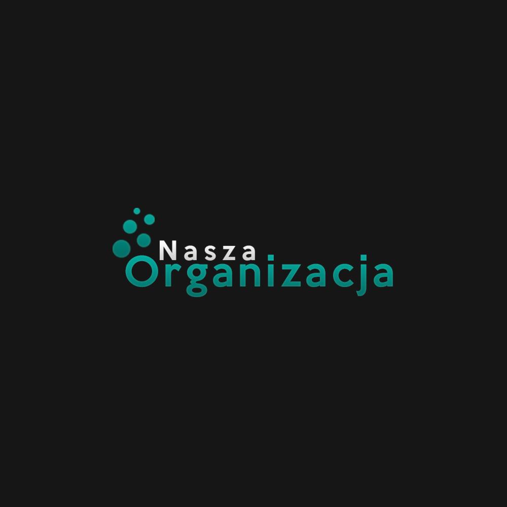 Logo firmy z nazwą 'Nasza Organizacja' w kolorze turkusowym, z motywem kropek po lewej stronie, na ciemnym tle.