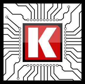 Grafika wektorowa przedstawiająca układ scalony z białą literą K na czerwonym tle wewnątrz czarnego kwadratu. Układ scalony otoczony jest symetrycznym wzorem ścieżek i punktów lutowniczych.