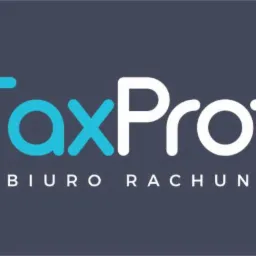 Logo firmy TaxProfesja Biuro Rachunkowe na szarym tle, z symbolem tarczy i fajki w kolorze turkusowym oraz białym napisem TaxProfesja nad napisem BIURO RACHUNKOWE.
