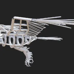 Szkielet orła wykonany z metalowych elementów, widoczne spawane łączenia, surowa forma, ciemne tło.