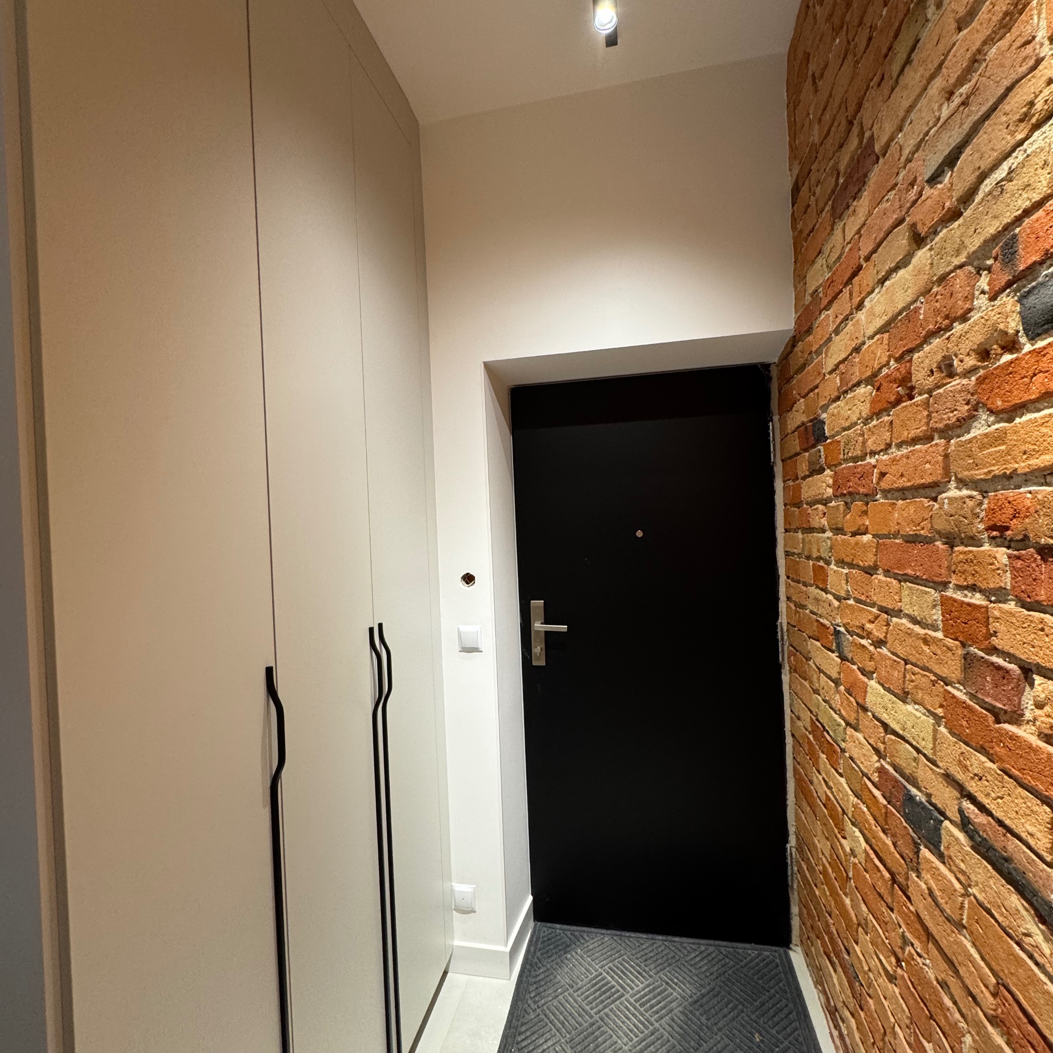 Wnętrze: zabudowa szafy w jasnym odcieniu z czarnymi uchwytami, czarne drzwi wejściowe i ściana z cegły w odcieniach czerwieni i żółci. Całość w nowoczesnym stylu.