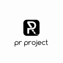 Czarno-białe logo firmy 'pr project' z literą 'R' stylizowaną na pióro w czarnym zaokrąglonym kwadracie.