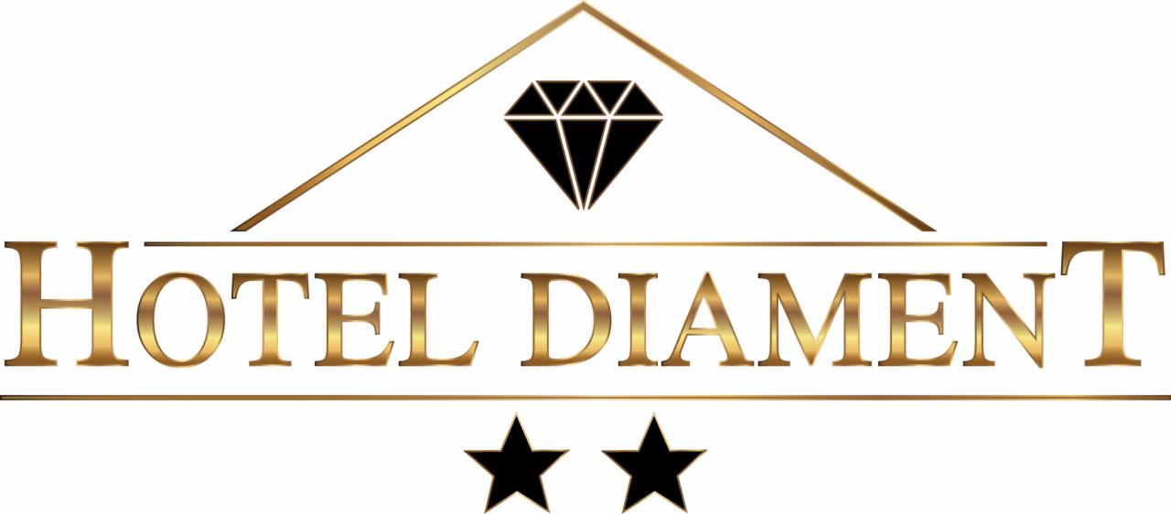Złote logo Hotel Diament z czarnym diamentem i dwoma gwiazdkami na białym tle.