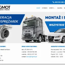 Baner reklamowy firmy Regmot Turbosprężarki prezentujący regenerację turbosprężarek, montaż i serwis wszystkich pojazdów, z widocznym turbosprężarką, ciężarówką Volvo FH i samochodem osobowym Audi A5.
