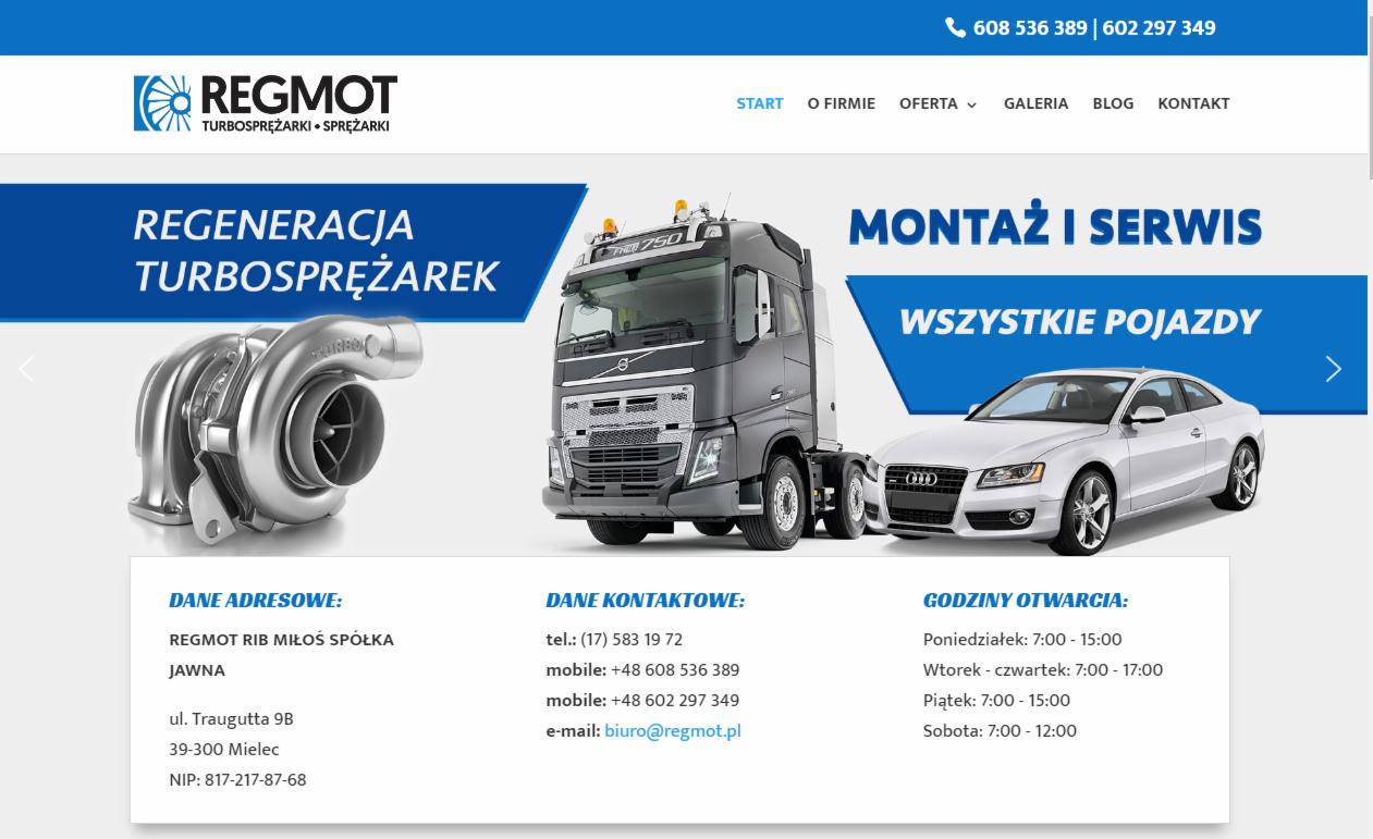 Baner reklamowy firmy Regmot Turbosprężarki prezentujący regenerację turbosprężarek, montaż i serwis wszystkich pojazdów, z widocznym turbosprężarką, ciężarówką Volvo FH i samochodem osobowym Audi A5.