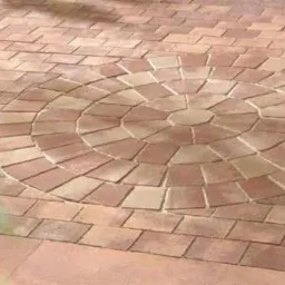 Ułożona kostka brukowa w odcieniach brązu i beżu tworząca wzór okręgu na patio, z roślinnością w lewym dolnym rogu.