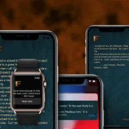 Trzy urządzenia Apple (dwa iPhone'y i Apple Watch) wyświetlające fragmenty tekstu z aplikacją z literą 'F' na tle tekstury w odcieniach brązu.