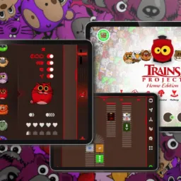 Ekrany tabletów prezentują aplikację edukacyjną 'Trains Project Home Edition' z interfejsem gry logicznej i grafiką w stylu kreskówkowych zwierząt na fioletowym tle.