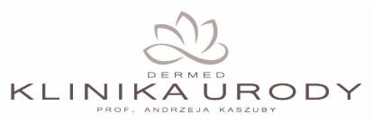 Logo kliniki urody Dermed z motywem kwiatowym i nazwiskiem profesora Andrzeja Kaszuby.