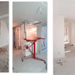 NOVEX Sławomir Nowak - Trzy ujęcia remontowanego wnętrza: usunięte fragmenty ściany, czerwony podnośnik do płyt gipsowych i pomalowane na biało ściany z widocznymi instalacjami.