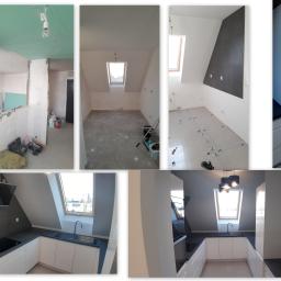 NOVEX Sławomir Nowak - Kolaż zdjęć z remontu poddasza: od surowego stanu z metalową konstrukcją pod sufitem, przez wylewkę i układanie płytek, po wykończoną białą kuchnię z czarnym blatem i sprzętami AGD.