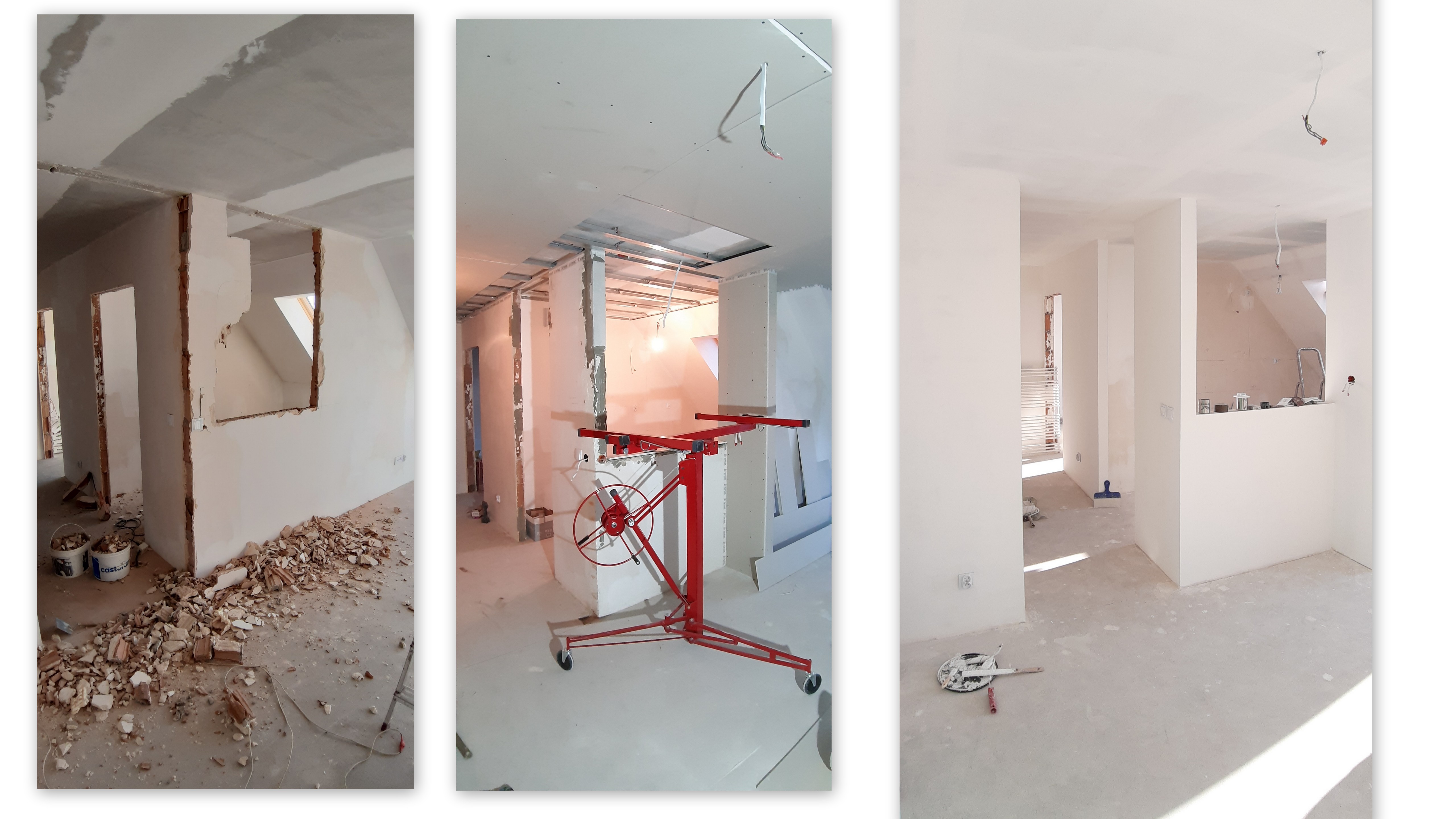 Trzy ujęcia remontowanego wnętrza: usunięte fragmenty ściany, czerwony podnośnik do płyt gipsowych i pomalowane na biało ściany z widocznymi instalacjami.