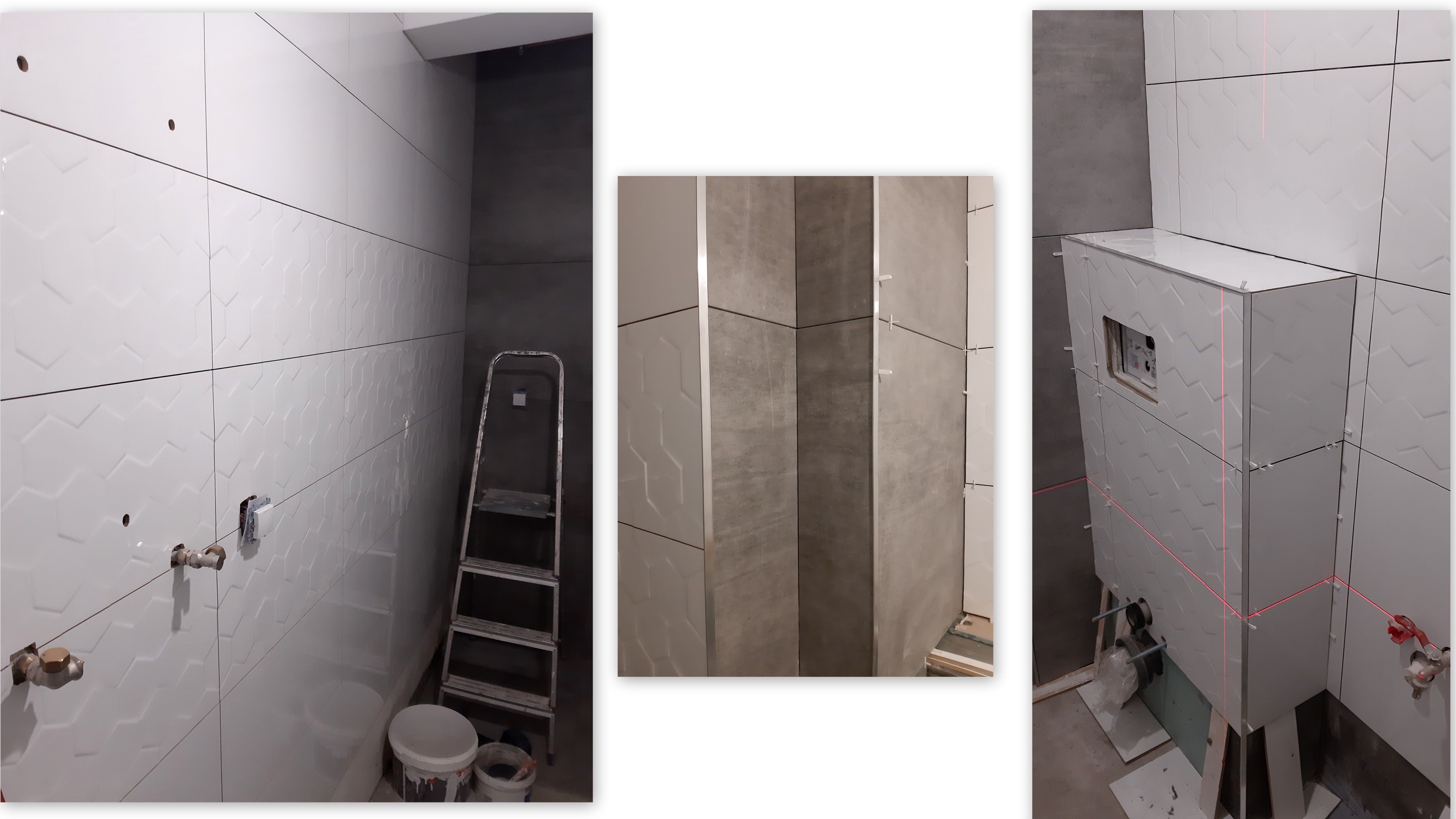 Białe i szare płytki ścienne z geometrycznym wzorem, częściowo ułożone, widoczna drabina i laserowy poziom podczas prac wykończeniowych w łazience.