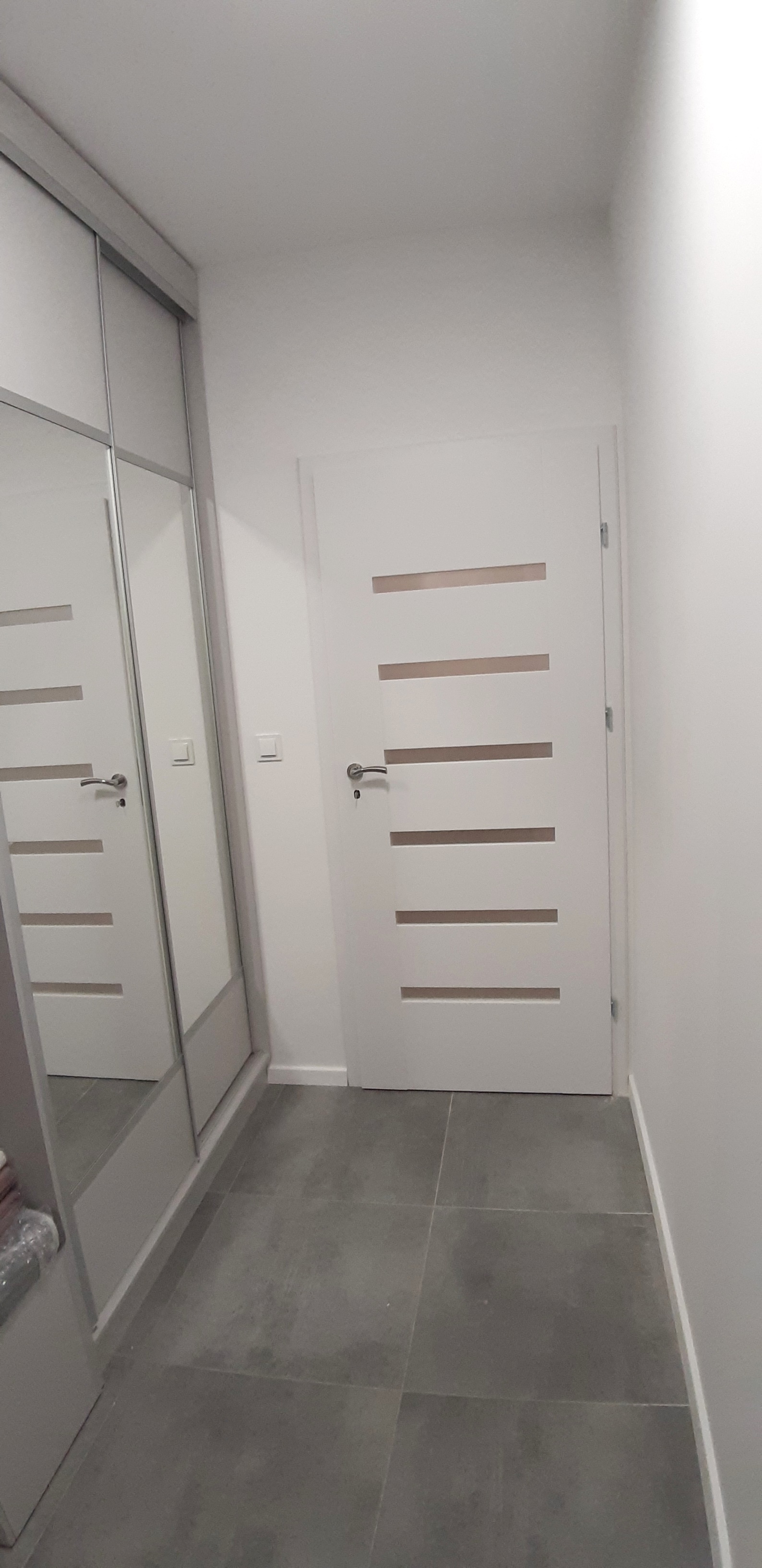 Nowoczesne wnętrze: szara, kwadratowa płytka podłogowa, białe drzwi z czterema poziomymi przeszkleniami, biała ściana i szafa przesuwna z lustrem.