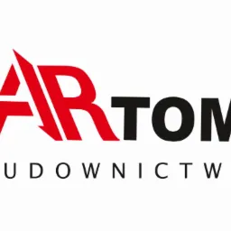 Logo firmy budowlanej ARTOM z czerwonym, dynamicznym symbolem graficznym w kształcie litery A oraz czarnym napisem 'TOM' i hasłem 'BUDOWNICTWO' poniżej.