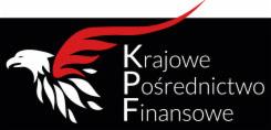 Logo Krajowe Pośrednictwo Finansowe z stylizowanym orłem w kolorach białym i czerwonym na czarnym tle.