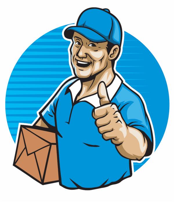 Karykatura uśmiechniętego dostawcy w niebieskim uniformie i czapce trzymającego paczkę i pokazującego kciuk w górę na tle niebieskiego okręgu z poziomymi paskami.