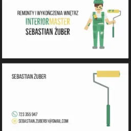 Grafika przedstawiająca wizytówkę firmy remontowej InteriorMaster Sebastian Żuber, z ilustracją malarza i wałka oraz danymi kontaktowymi.