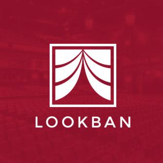 Logo firmy LOOKBAN z motywem drapowanej tkaniny w białym kwadracie na bordowym tle z widocznymi zarysami materiału.