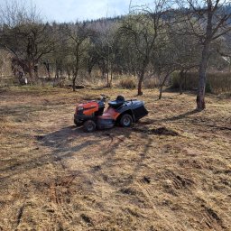 USŁUGI OGRODNICZE DAWID BANACH - Pomarańczowa kosiarka traktorek Husqvarna na wykoszonej trawie w sadzie z drzewami bez liści, w tle zalesione wzgórze pod błękitnym niebem.