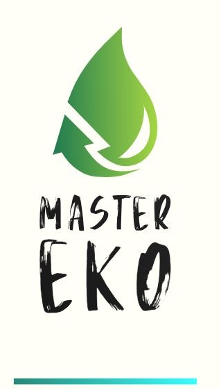 Logo firmy Master EKO z zielonym symbolem kropli z recyklingiem i nazwą firmy napisaną pędzlem.
