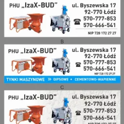 Reklama firmy PHU 'IzaX-BUD' z Łodzi, oferującej usługi tynkowania maszynowego gipsowego i cementowo-wapiennego, prezentująca adres, numery telefonów i NIP oraz zdjęcia maszyn do tynkowania.
