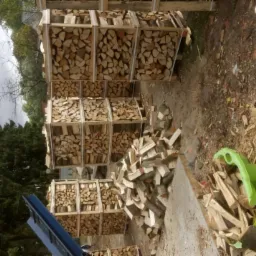 Ułożone w drewnianych skrzyniach pocięte drewno kominkowe, obok stos drewna luzem i zielony element zabawki dziecięcej.