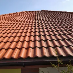 Czerwona dachówka ceramiczna na dachu domu, widok z dołu pod kątem, fragment rynny i iglastego krzewu w kadrze.