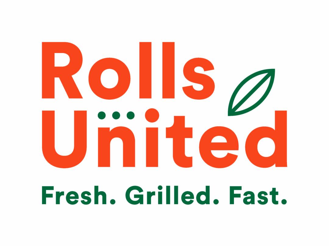 Logo 'Rolls United' z pomarańczowym napisem i zielonym akcentem w postaci listka oraz hasłem 'Fresh. Grilled. Fast.'
