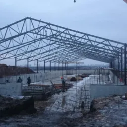 Wznoszenie konstrukcji stalowej hali na fundamentach, widoczny dźwig i pracownicy na budowie w pochmurny dzień.