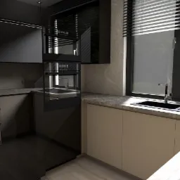 Nowoczesna kuchnia z czarnymi frontami szafek, piekarnikiem w zabudowie, blatem z szarego kamienia i dużym oknem z żaluzjami.