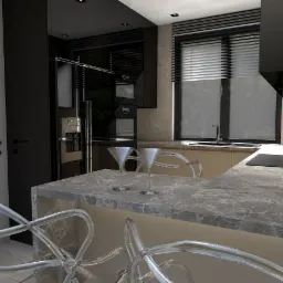 Nowoczesna kuchnia w odcieniach szarości i czerni z marmurowym blatem, przezroczystymi krzesłami barowymi i dwoma pustymi kieliszkami do martini na blacie.