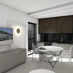Wizualizacja wnętrza apartamentu: nowoczesna kuchnia z drewnianymi szafkami, marmurowym backsplashiem i białym, okrągłym stołem otoczonym przezroczystymi krzesłami. Na ścianie telewizor...