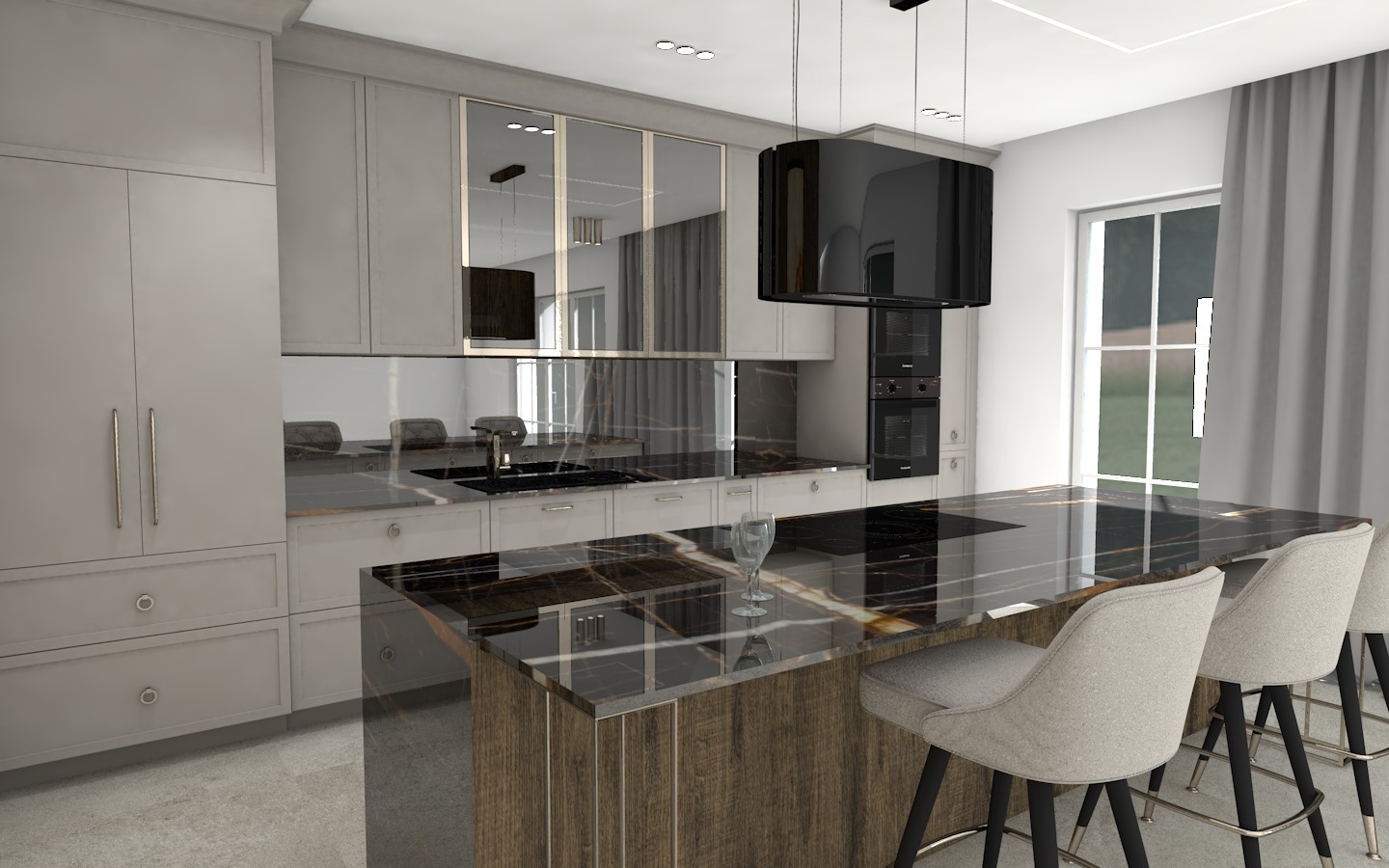 Wizualizacja nowoczesnej kuchni z wyspą o blacie z ciemnego marmuru z wyraźnym użyleniem, szare szafki z lustrzanymi frontami, czarny okap i trzy krzesła barowe z jasną tapicerką.