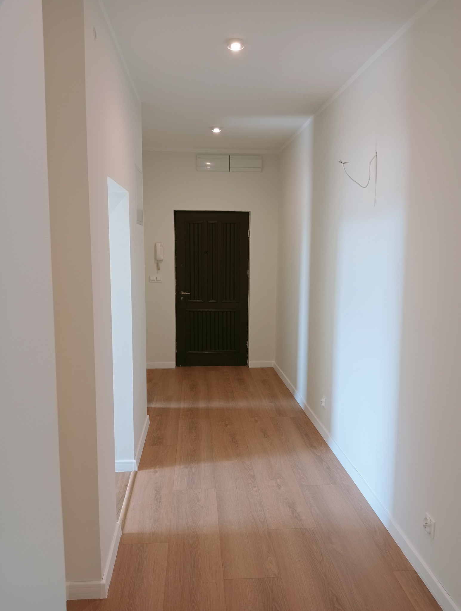 Wykończony korytarz z brązowymi panelami podłogowymi i białymi ścianami. Widoczna ciemna, drewniana stolarka drzwiowa i minimalistyczne oświetlenie sufitowe.