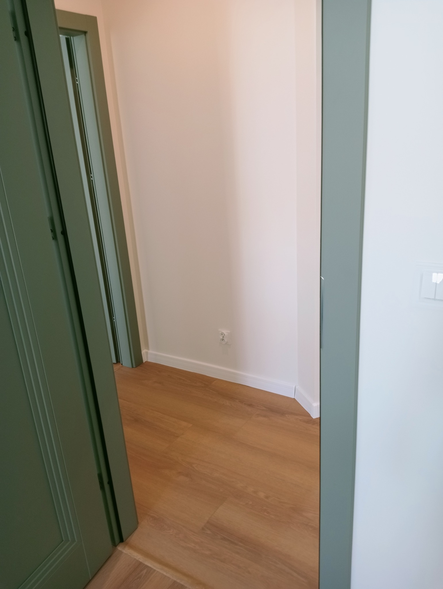 Wykończone wnętrze: widok na korytarz z drewnianą podłogą i białymi ścianami przez otwarte, zielone drzwi. Gniazdko elektryczne przy podłodze.