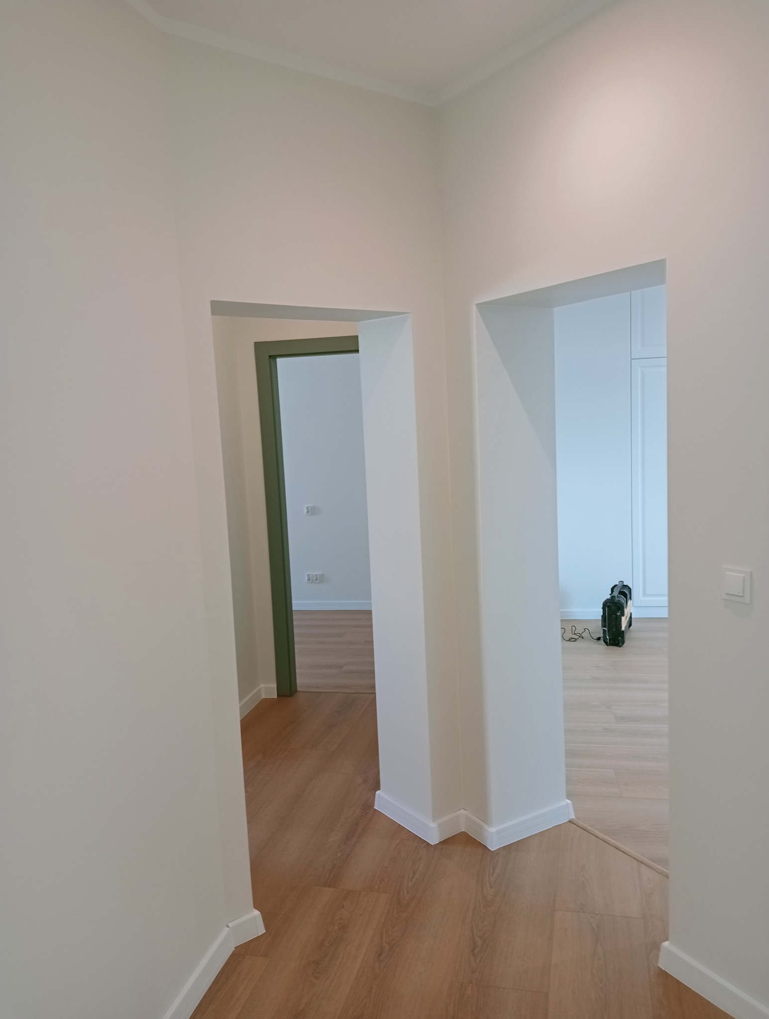 Białe wnętrze po remoncie: świeżo pomalowane ściany, drewnopodobna podłoga. W tle widoczne zielone drzwi i narzędzia malarskie.