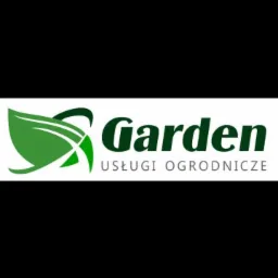 Logo firmy Garden Usługi Ogrodnicze z zielonym motywem liścia i napisem.
