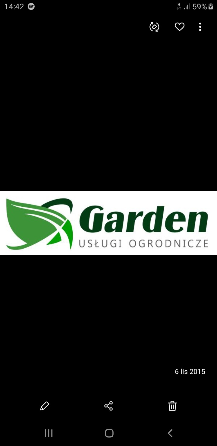 Logo firmy Garden Usługi Ogrodnicze z zielonym motywem liścia i napisem.