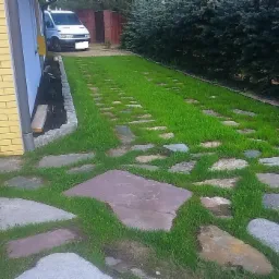 Ścieżka z nieregularnych kamieni w trawie prowadząca od budynku do żywopłotu, z zaparkowanym białym vanem w tle.