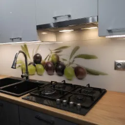 Szklany panel ścienny w kuchni z motywem oliwek, zamontowany nad blatem z czarnym zlewozmywakiem i płytą gazową, oświetlony ledami podszafkowymi.