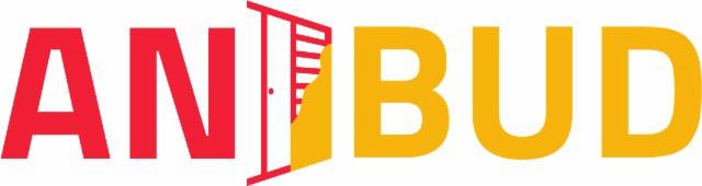 Graficzne logo firmy budowlanej ANBUD, z czerwoną częścią AN i żółtą częścią BUD, z wkomponowanymi elementami drzwi w literę N.