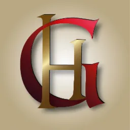 Elegancki monogram z liter G i H w kolorach złota i czerwieni, z cieniem tworzącym efekt 3D na beżowym tle.