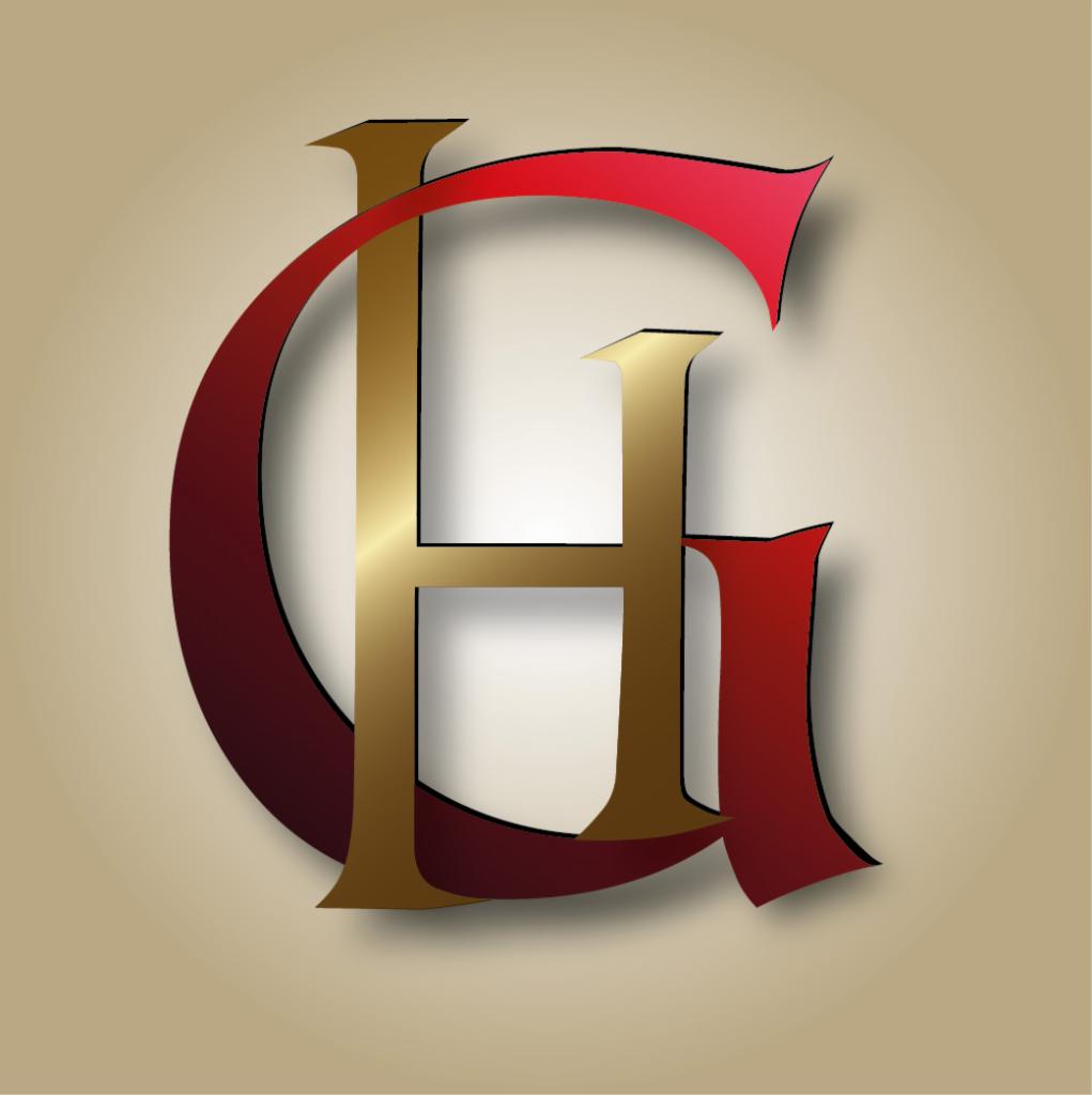 Elegancki monogram z liter G i H w kolorach złota i czerwieni, z cieniem tworzącym efekt 3D na beżowym tle.