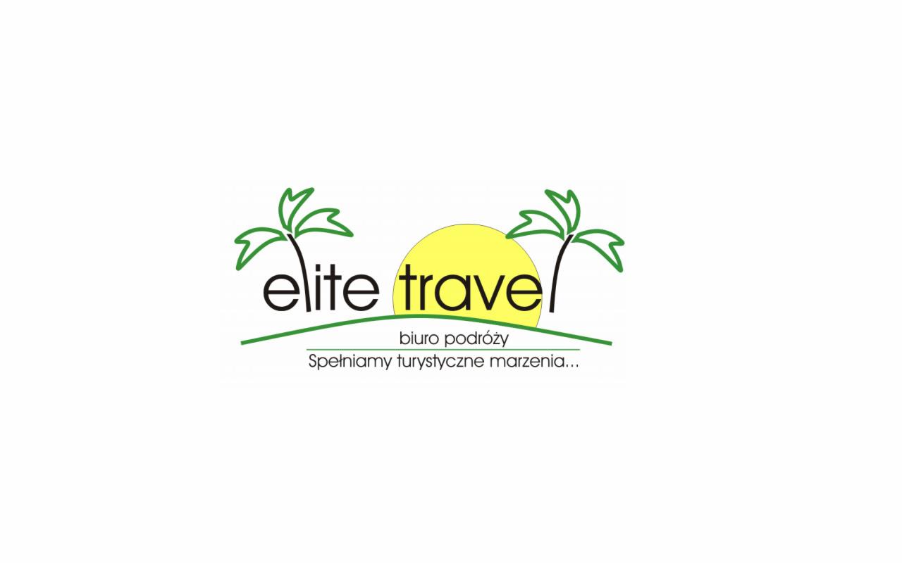 Logo firmy 'Elite Travel' z motywem palm i hasłem 'Spełniamy turystyczne marzenia...'