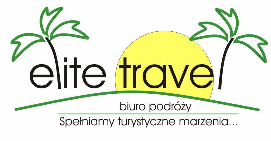 Logo firmy turystycznej Elite Travel z stylizowanymi palmami, żółtym słońcem i hasłem 'Spełniamy turystyczne marzenia...'